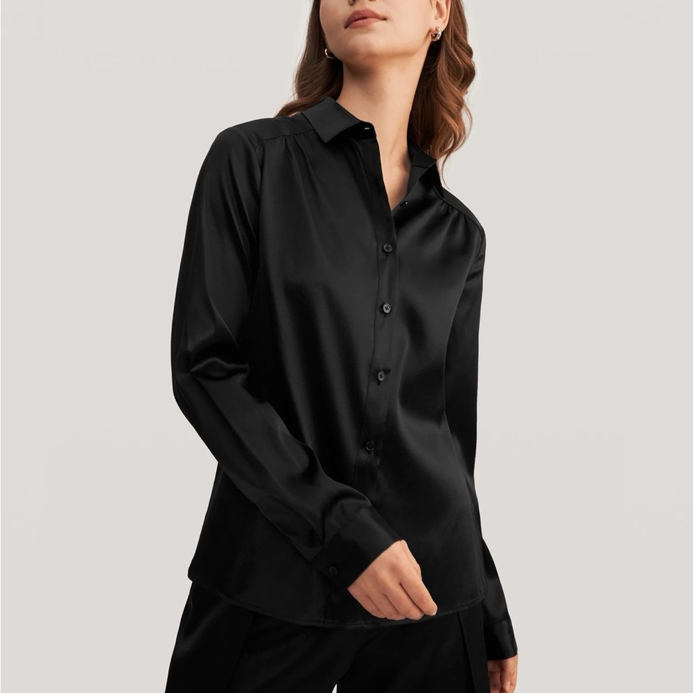 NWOT LILYSILK Silk Black Button Down Shirt
